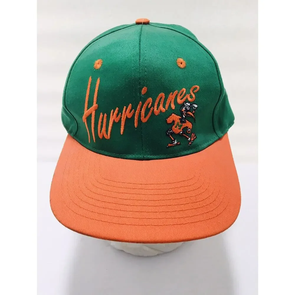 VINTAGE Miami Hurricanes Hat Cap Snap Back Green Orange Collegiate Licensed 90s